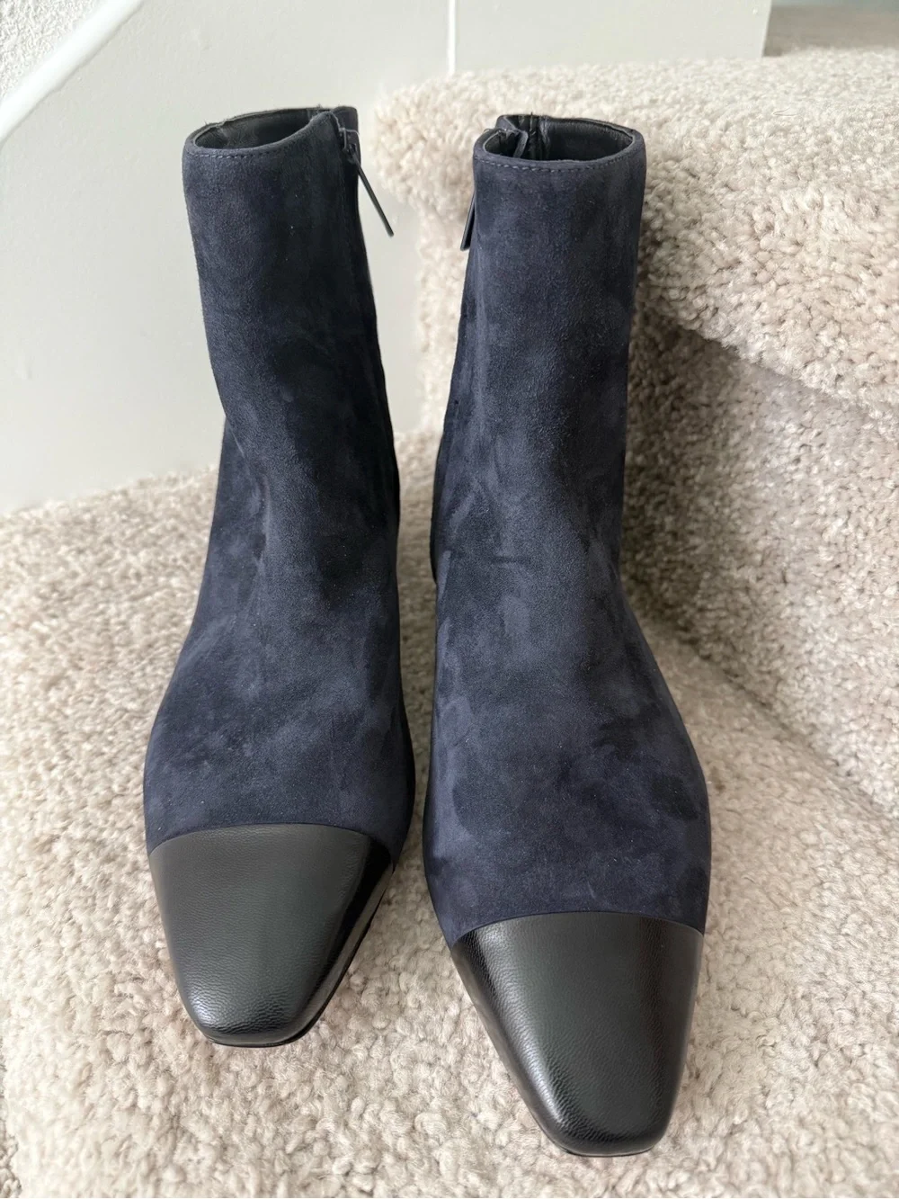 Veronica Beard Navy Suede Ankle Boots with Black Cap Toe Size 9.5